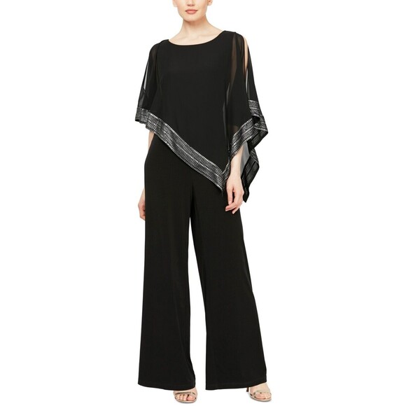 SL Fashions Petite Asymmetrical-Overlay Jumpsuit, Black, Size 4P - Picture 1 of 2